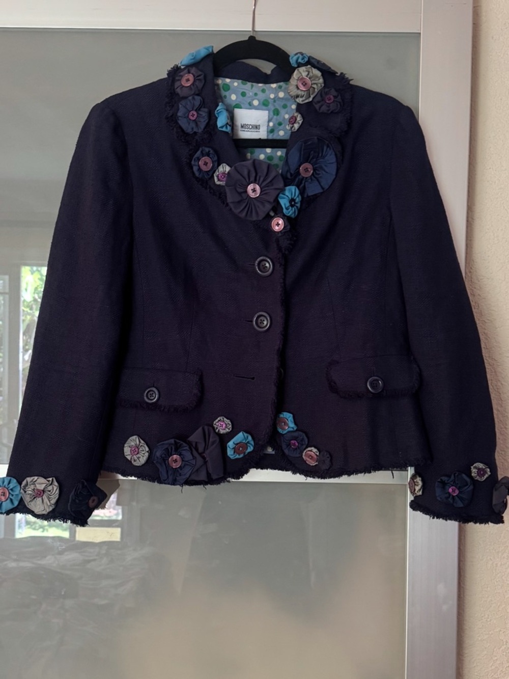 Moschino Navy Floral-Appliqué Cropped Blazer